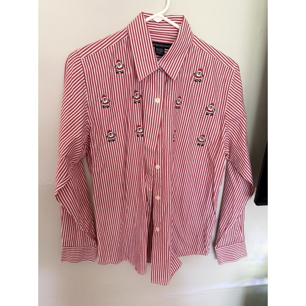 Impressions Red & White Striped Button Down Top Women's Size 8 Santa Christmas